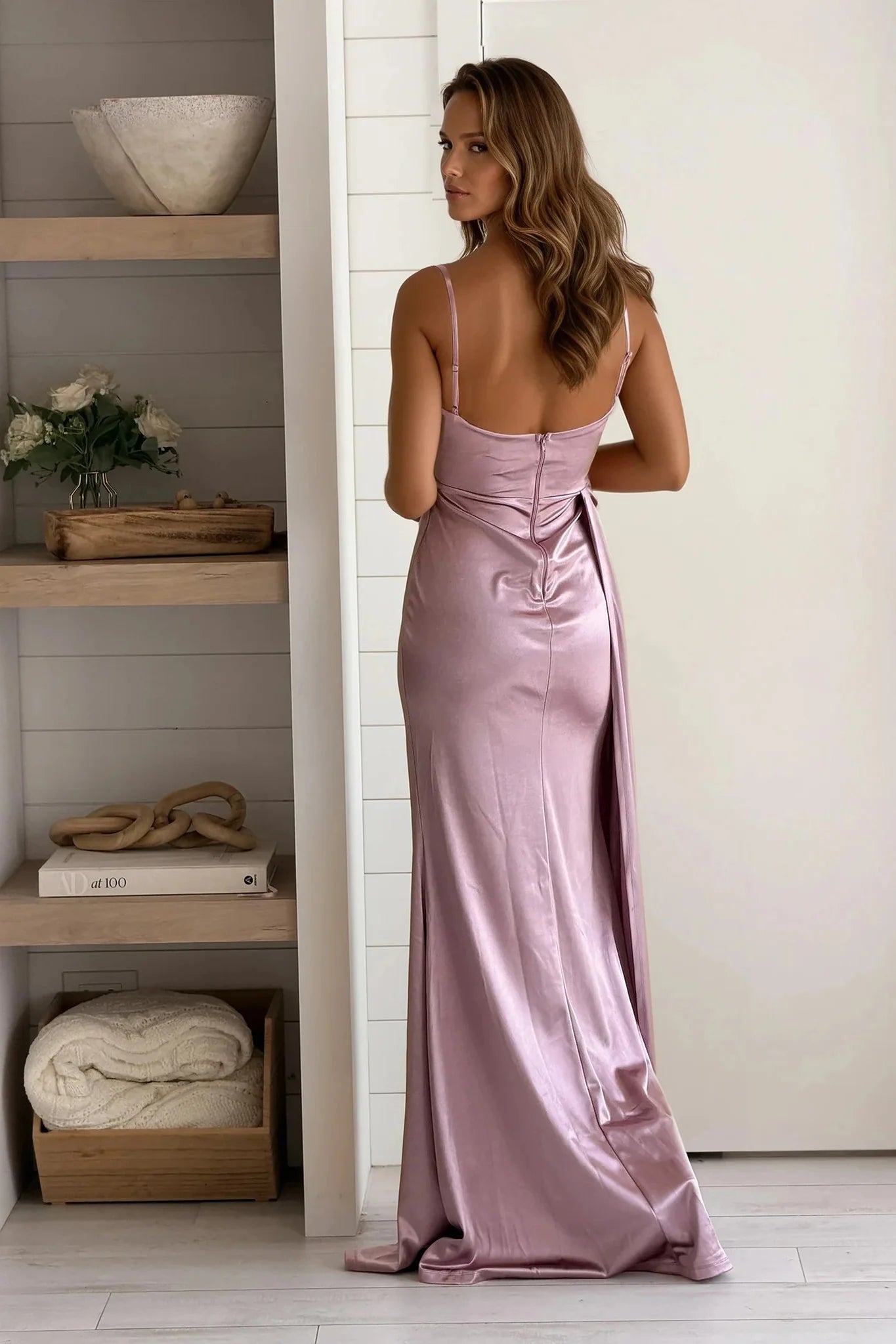 Plum Pleated Waist Train Maxi Dress With Slit