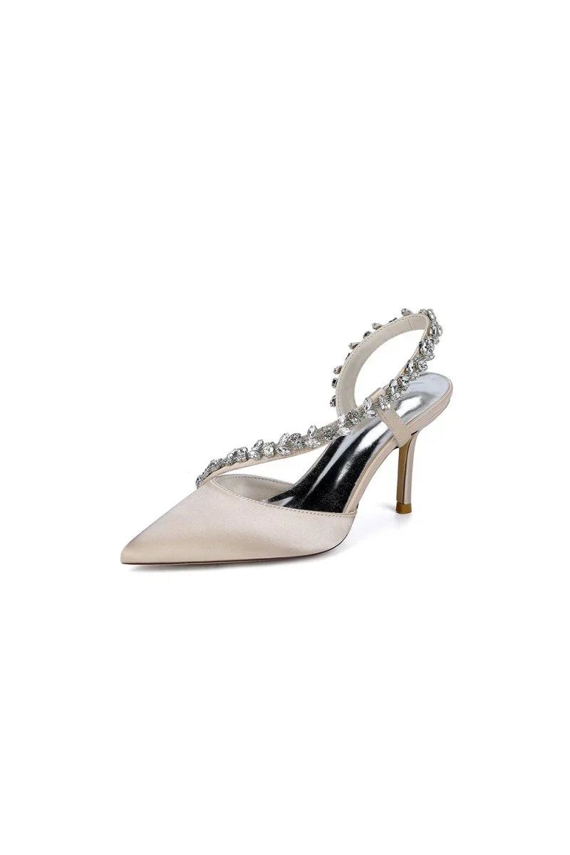 White Satin High Heels with Crystal Embellishments