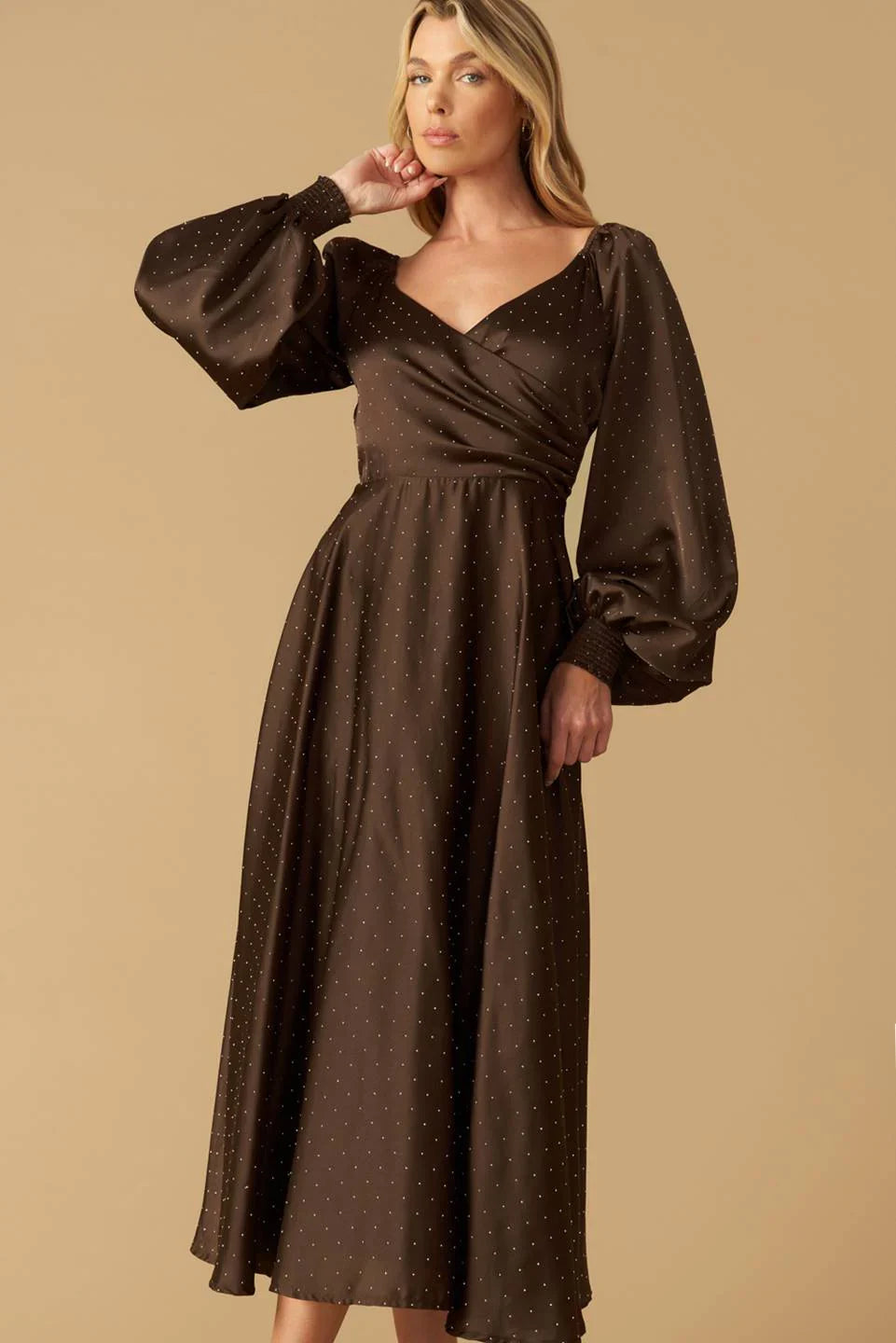 ROMANTIC LOVE BROWN LONG SLEEVE MIDI DRESS FINAL SALE