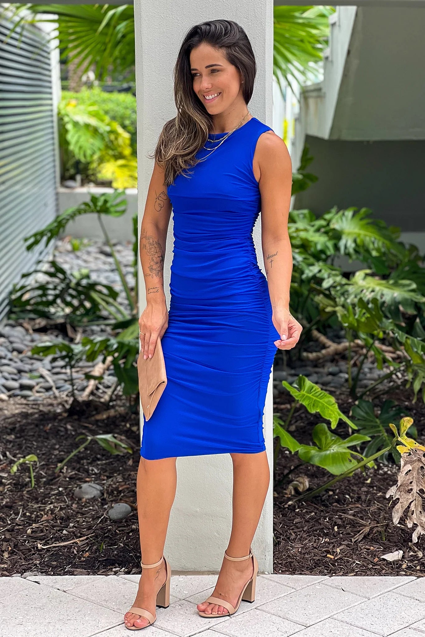 Royal Blue Mesh Ruched Midi Dress