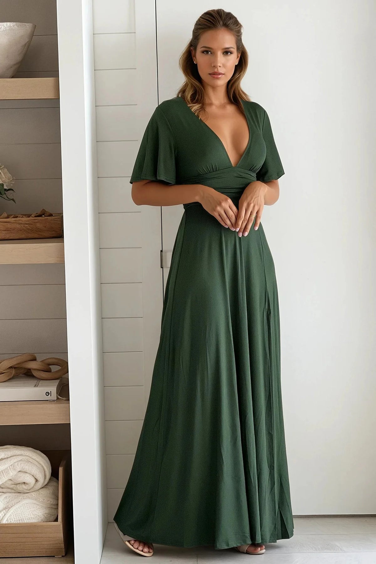 Hunter Green Maxi Dress With Slit And Short Sleeves