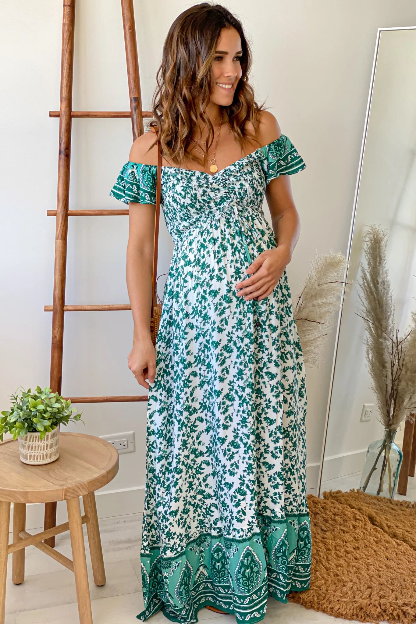 Green Floral Off Shoulder Maternity Maxi Dress