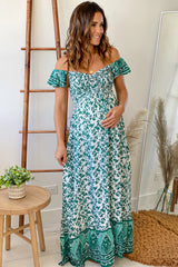 Green Floral Off Shoulder Maternity Maxi Dress