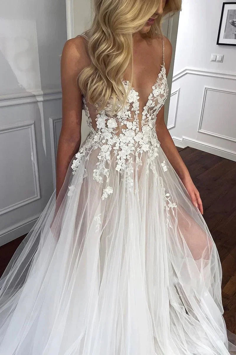 Spaghetti Straps V Neck Lace Appliques A line Tulle Rustic Wedding Dress