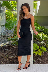 Black Ruched Midi Dress With Zipper Detail