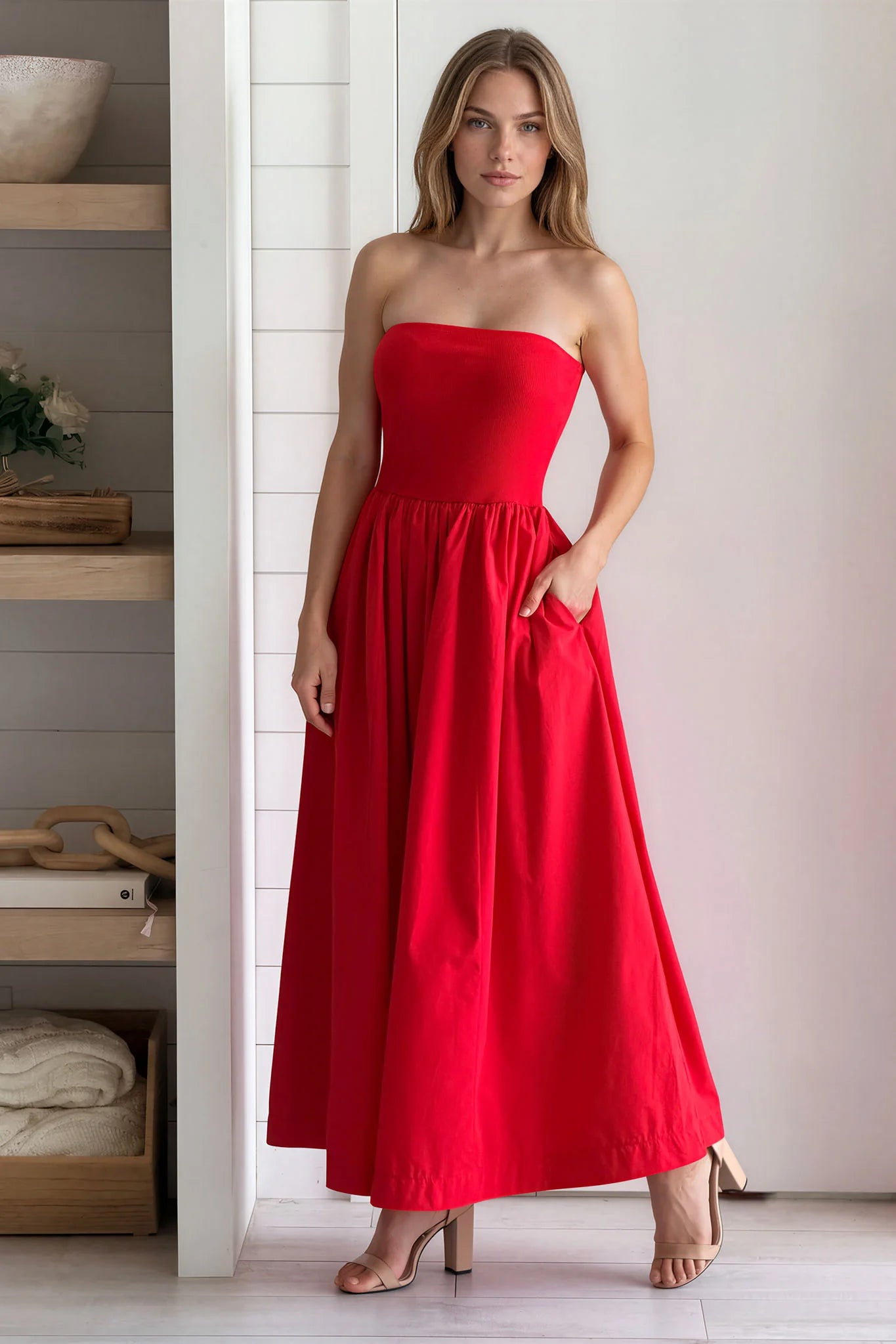 Red Strapless Flowy Midi Dress