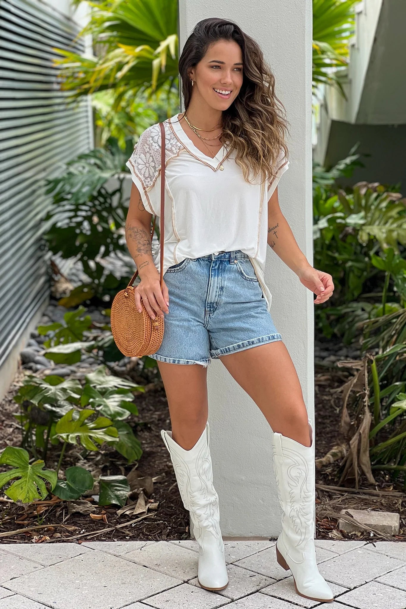 Ivory V Neck High Low Top With Lace Detail