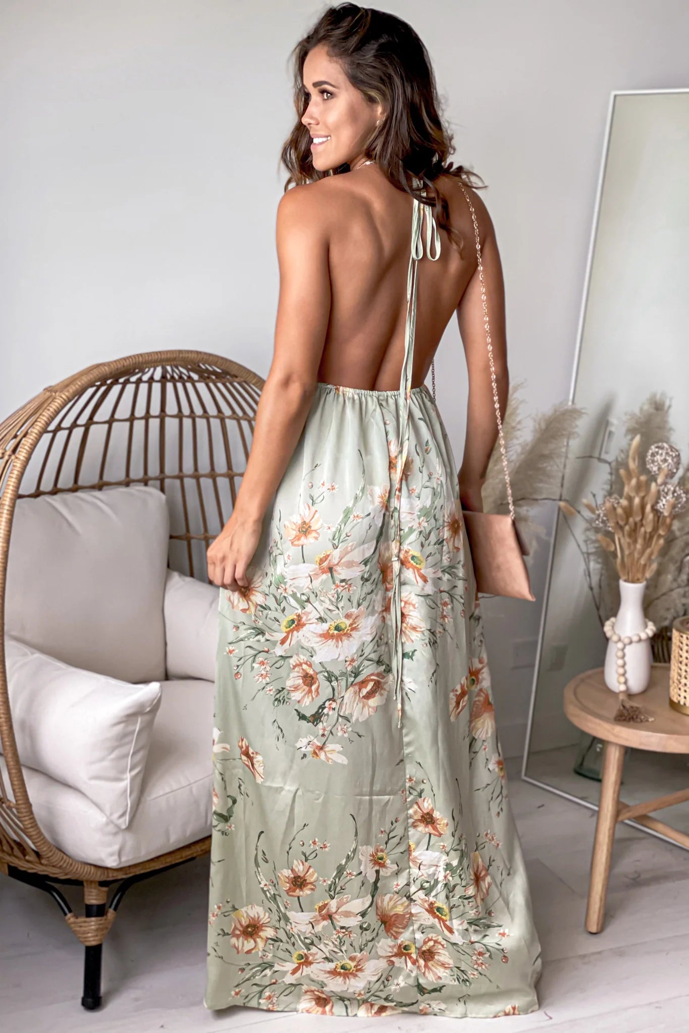 Sage Floral Halter Neck Maxi Dress With Slit