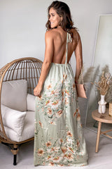 Sage Floral Halter Neck Maxi Dress With Slit