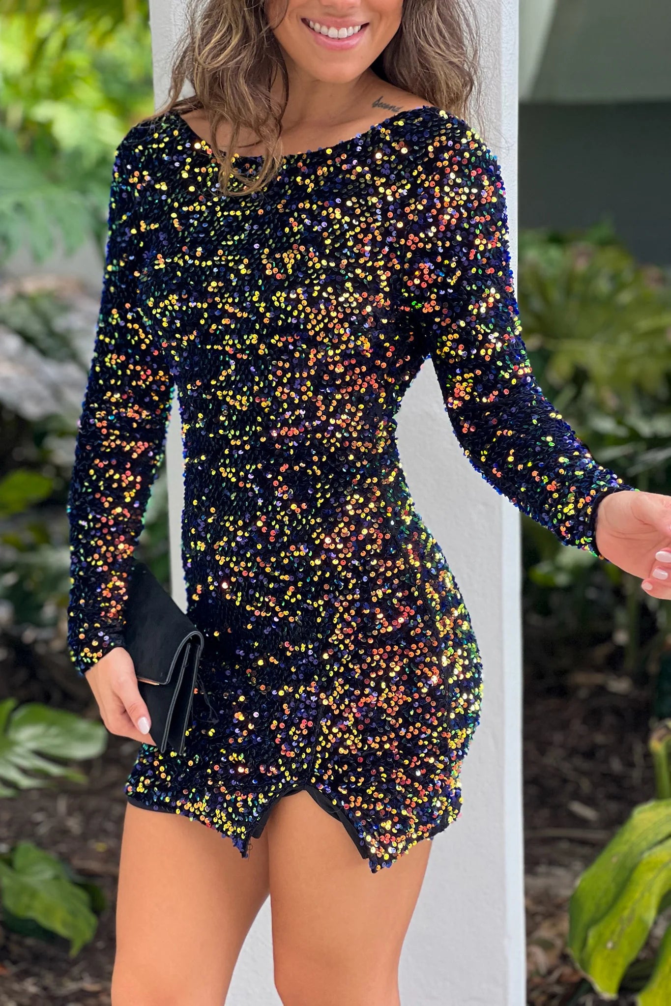 Multi Color Sequin Short Dress With Long Sleeves