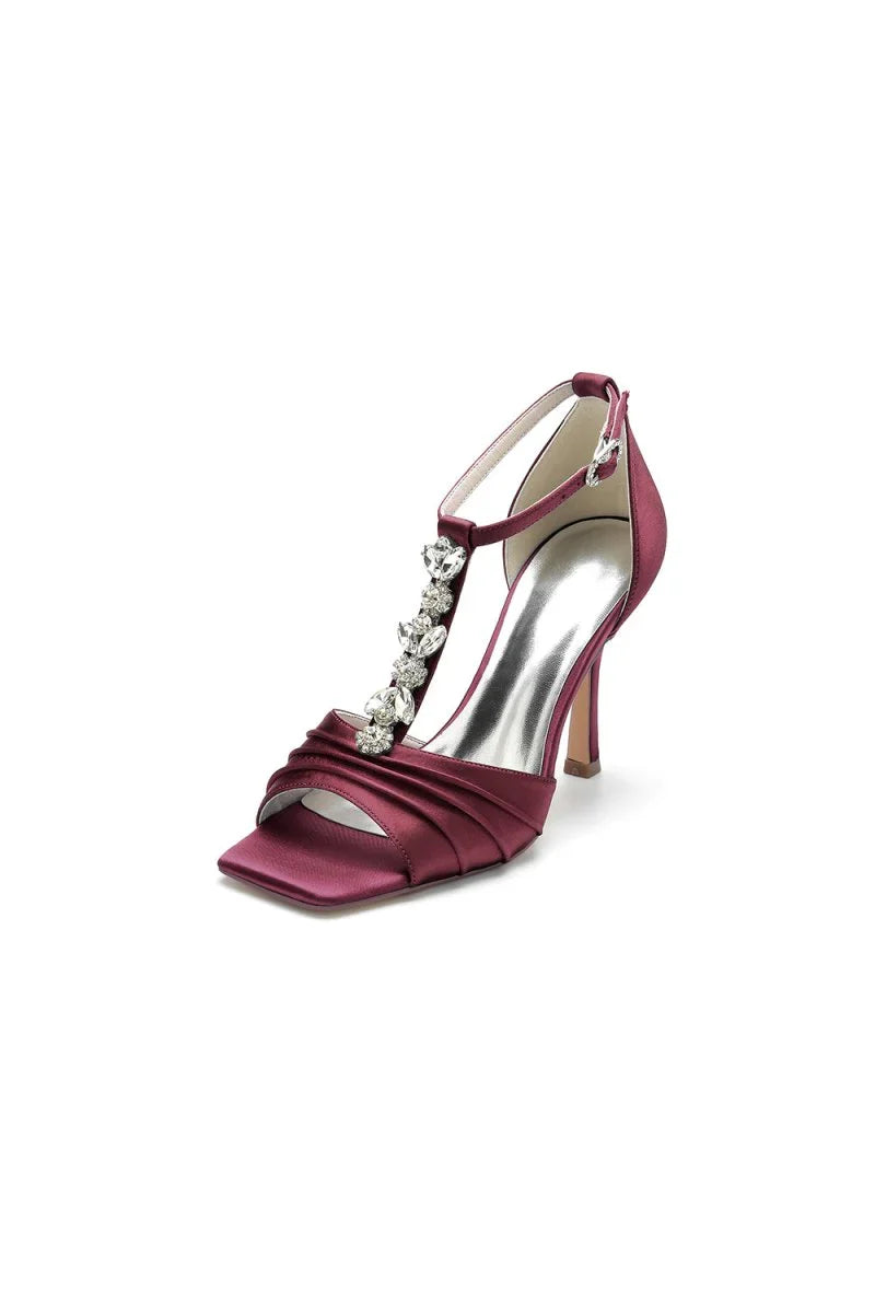 Square Open Toe Ankle Strap Satin Stiletto Heels With Rhinestone Strappy
