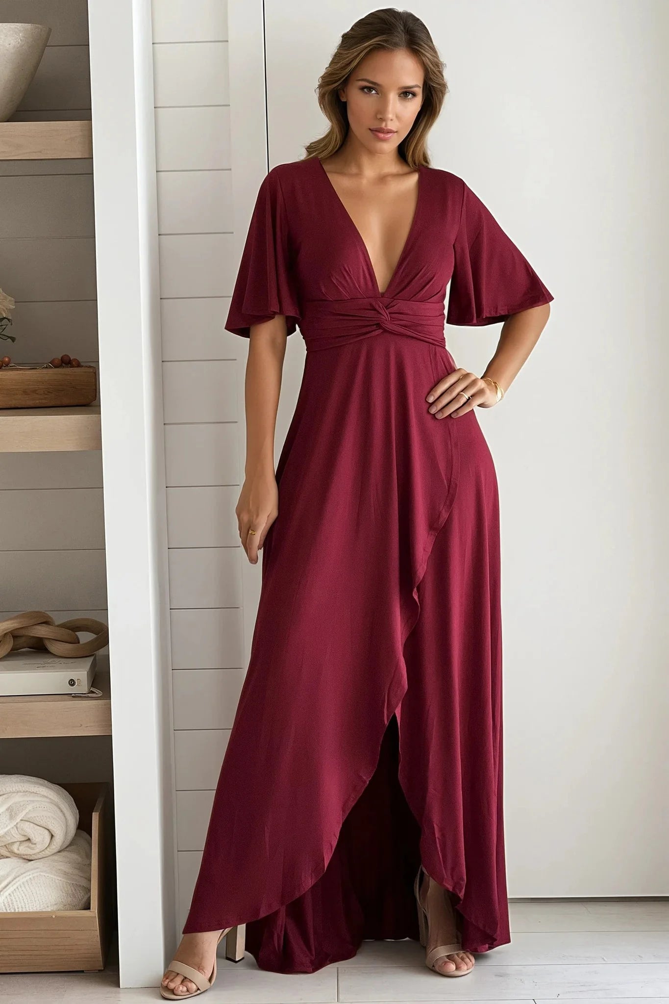 Burgundy High Low Twist Dress With Short Sleeves