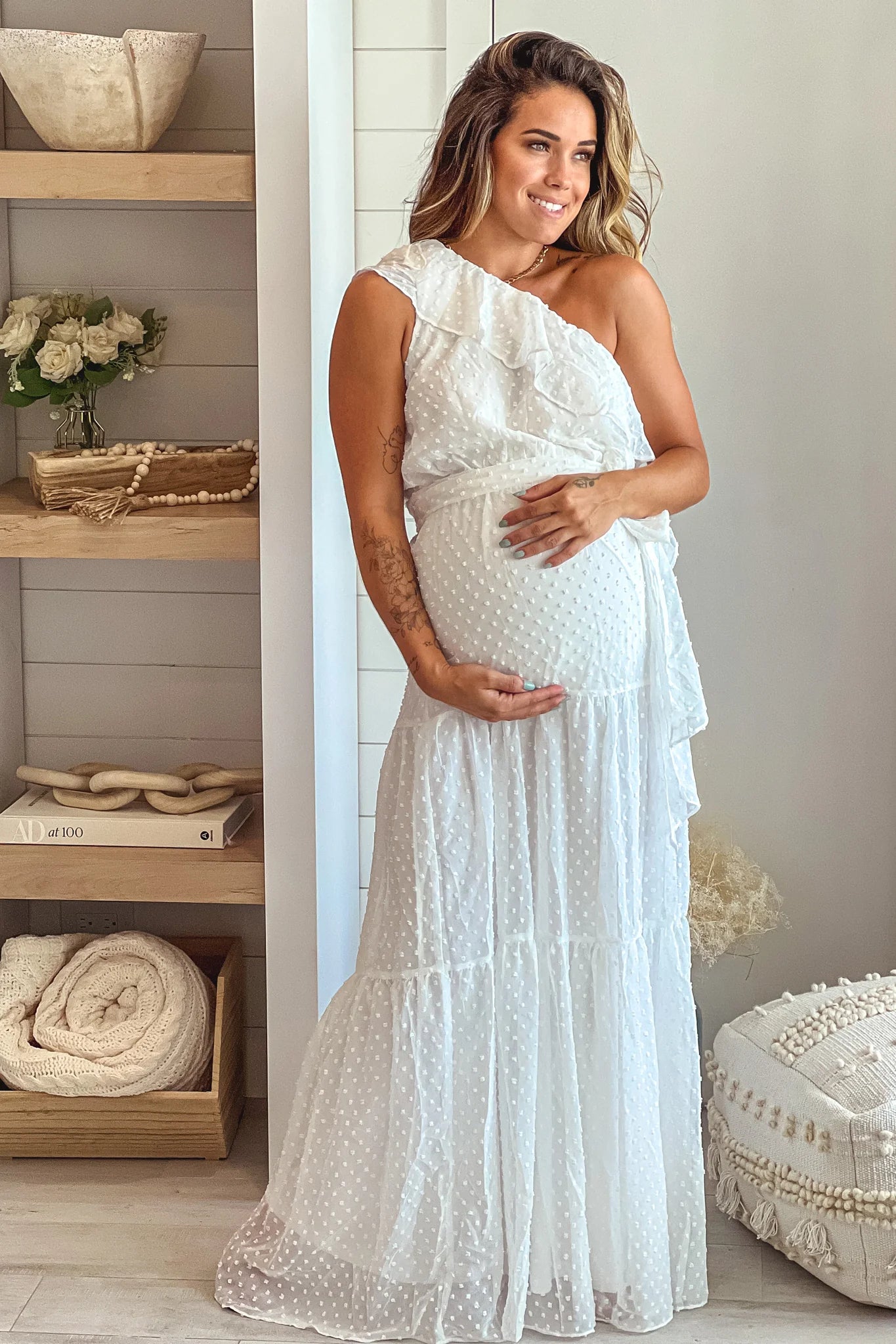 Off White Swiss Dot One Shoulder Maternity Maxi Dress