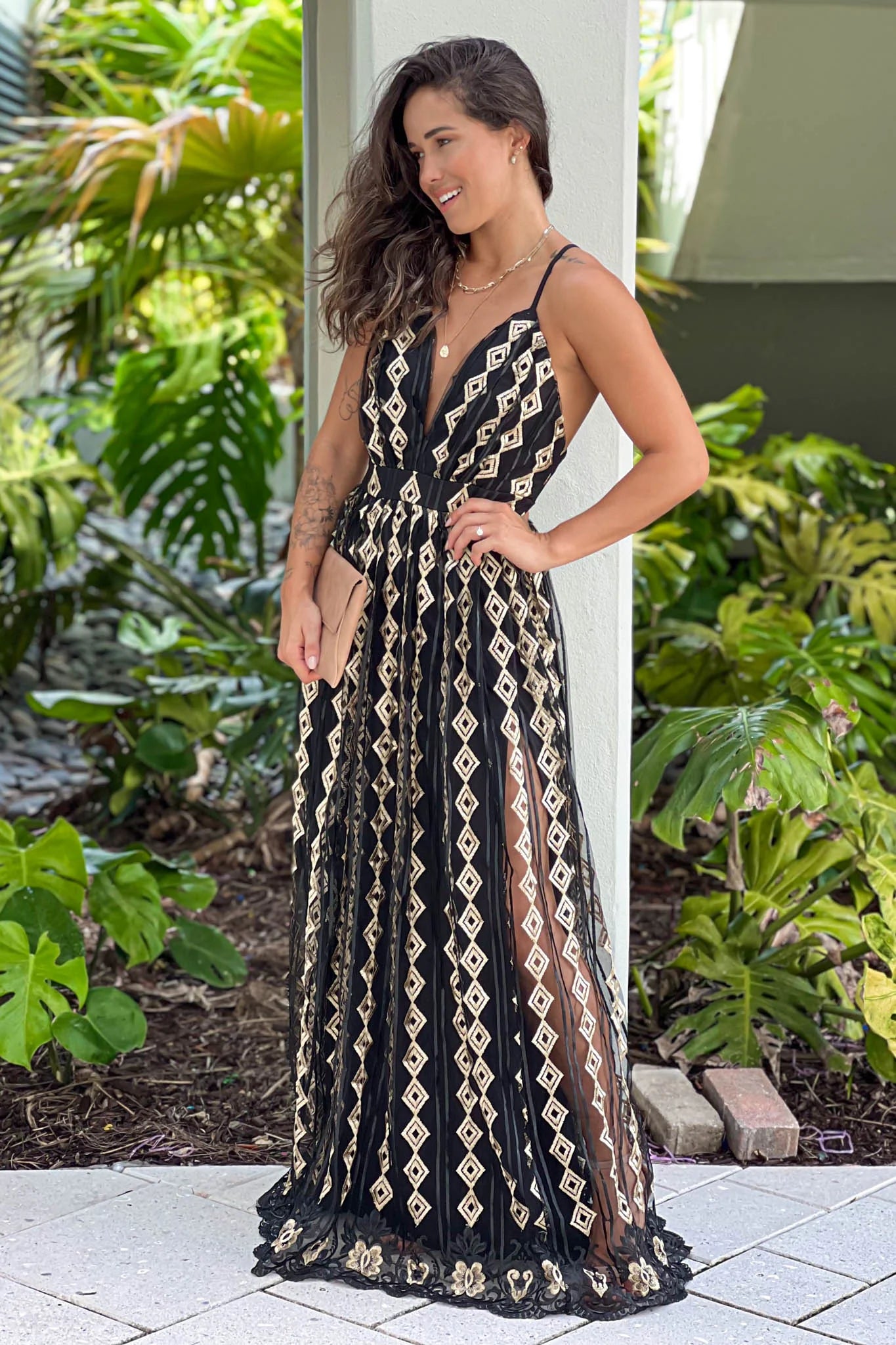 Black And Gold Embroidered Tulle Maxi Dress