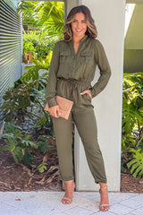 Olive Satin Jumpsuit With Long Sleeves