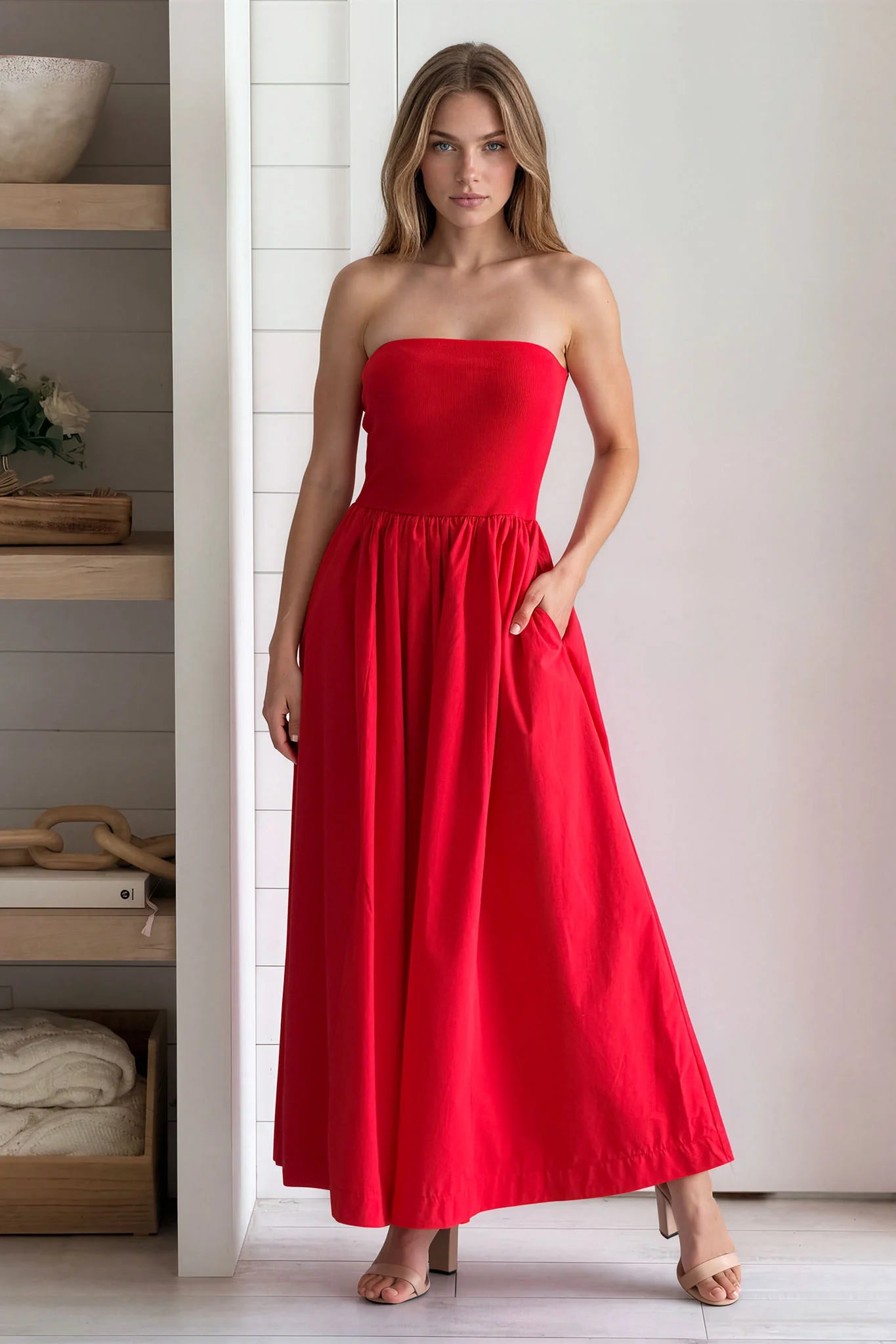 Red Strapless Flowy Midi Dress
