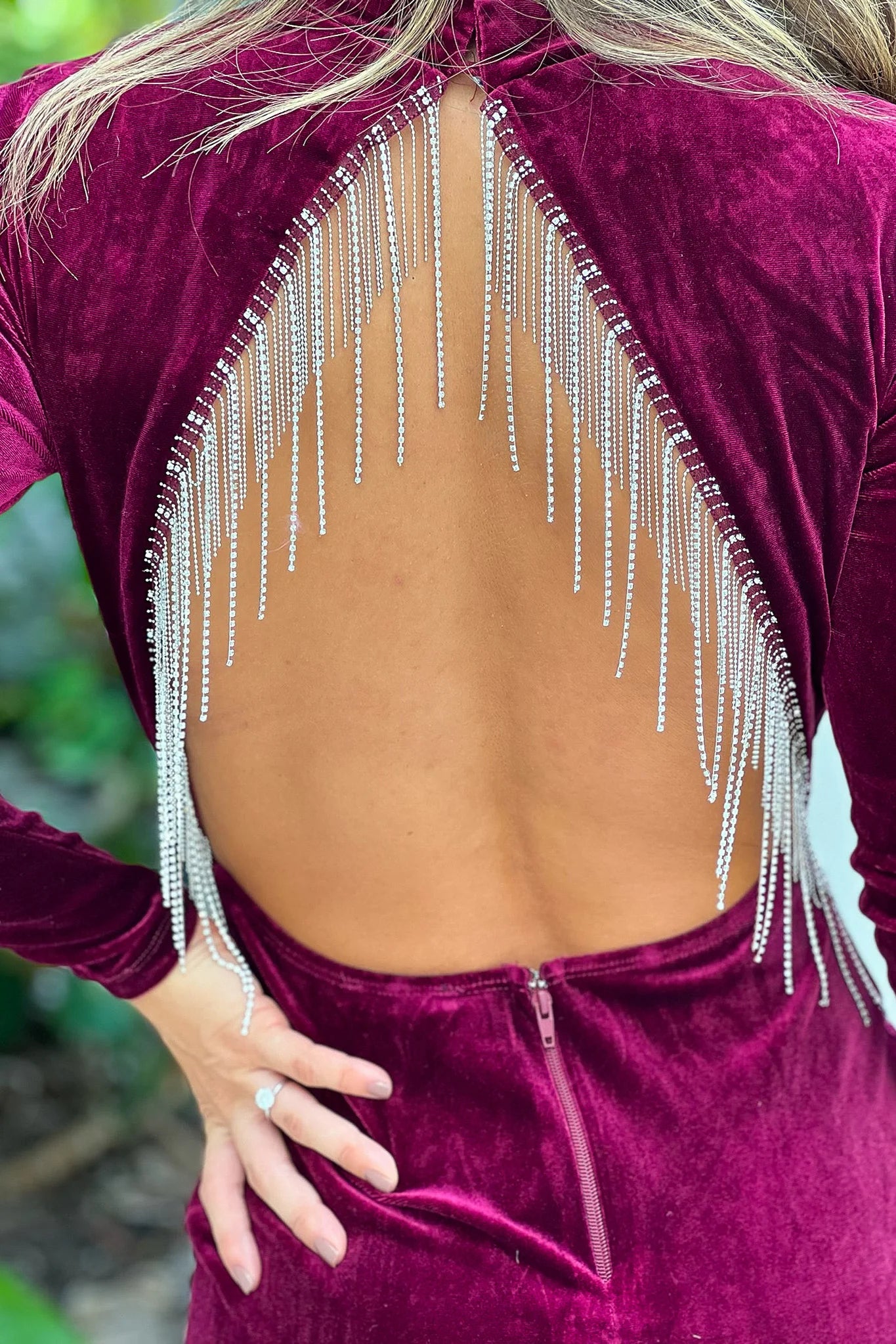 Wine Velvet Maxi Dress With Open Back And Rhinestone Detail