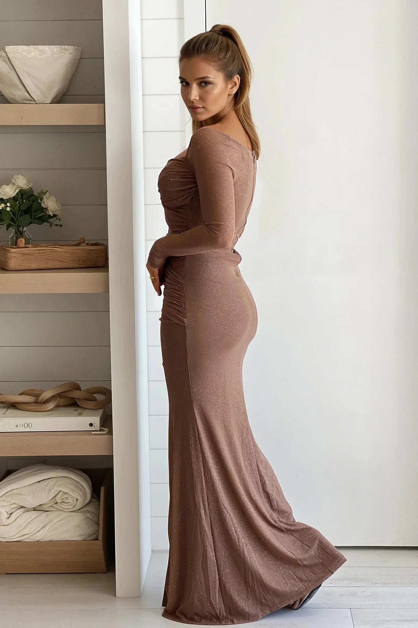 Mocha Glitter Maxi Dress With Cut Out Top