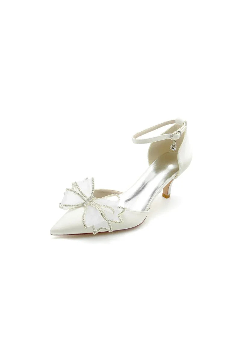 Champagne Pointed Toe Ankle Strap Wedding Shoes with Bow