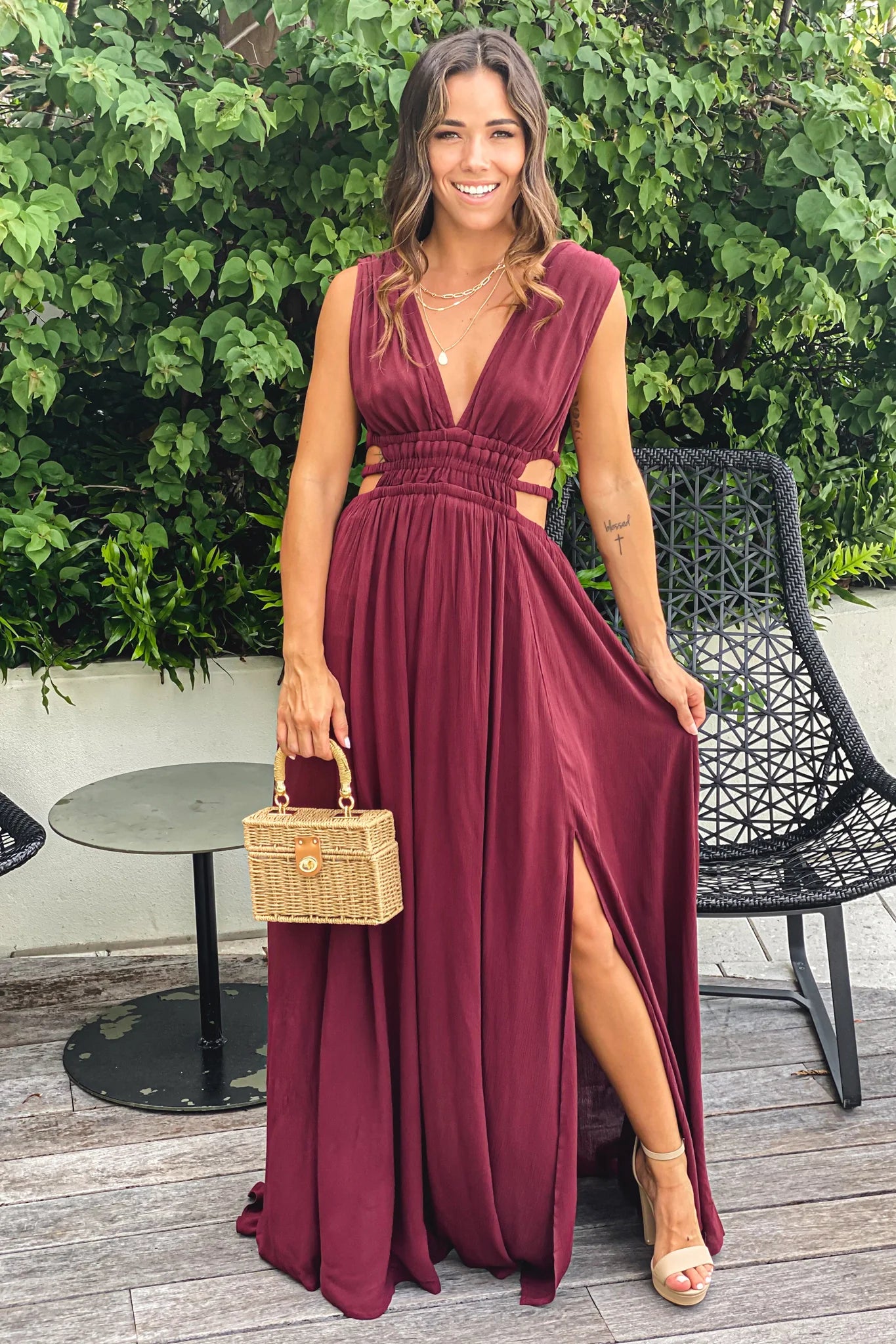 Wine V Neck Maxi Dress With Cut Out And Slit
