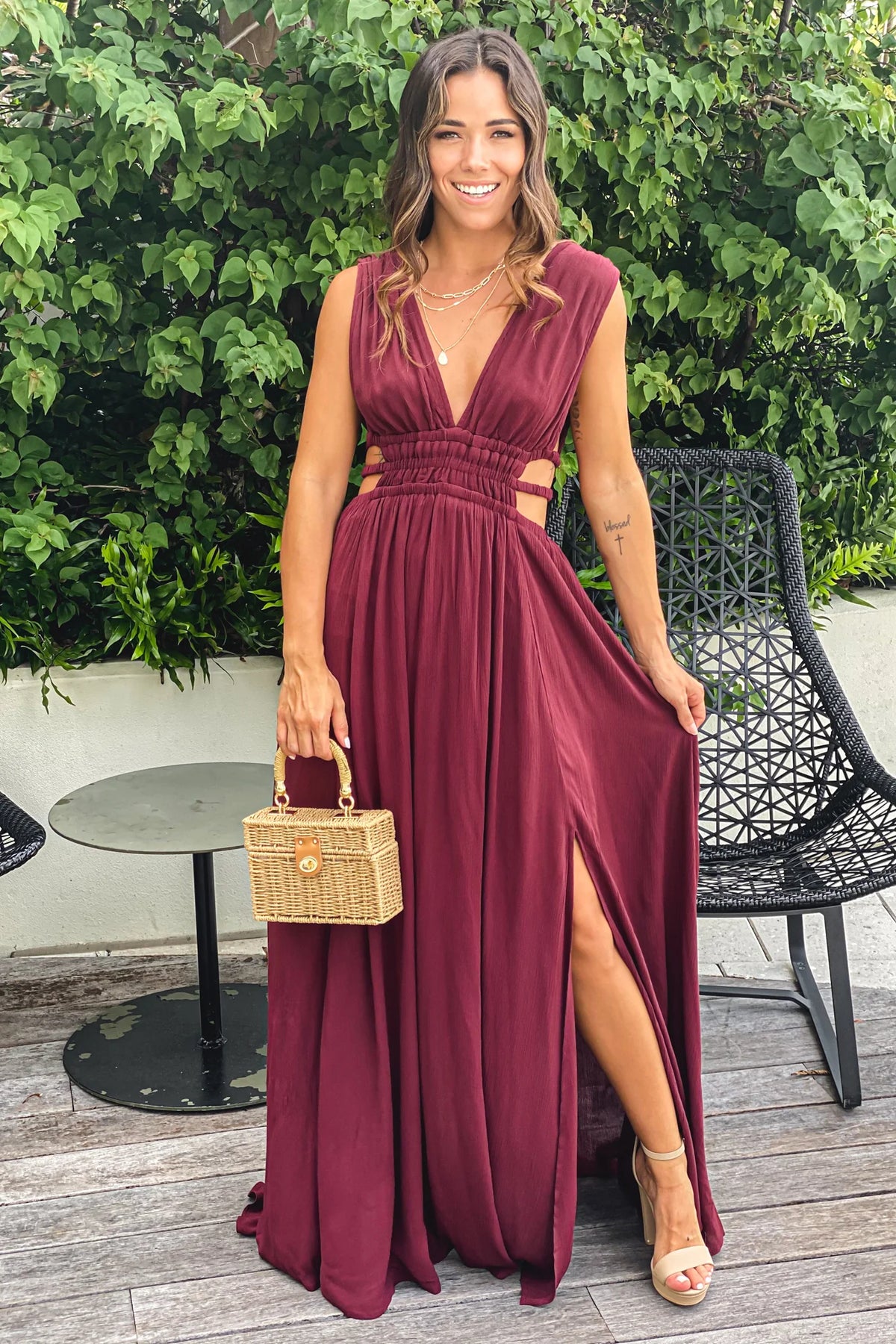 Wine V Neck Maxi Dress With Cut Out And Slit