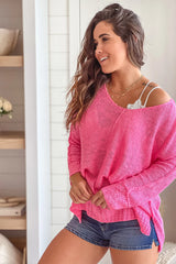 Neon Pink V Neck Knit Top With Long Sleeves