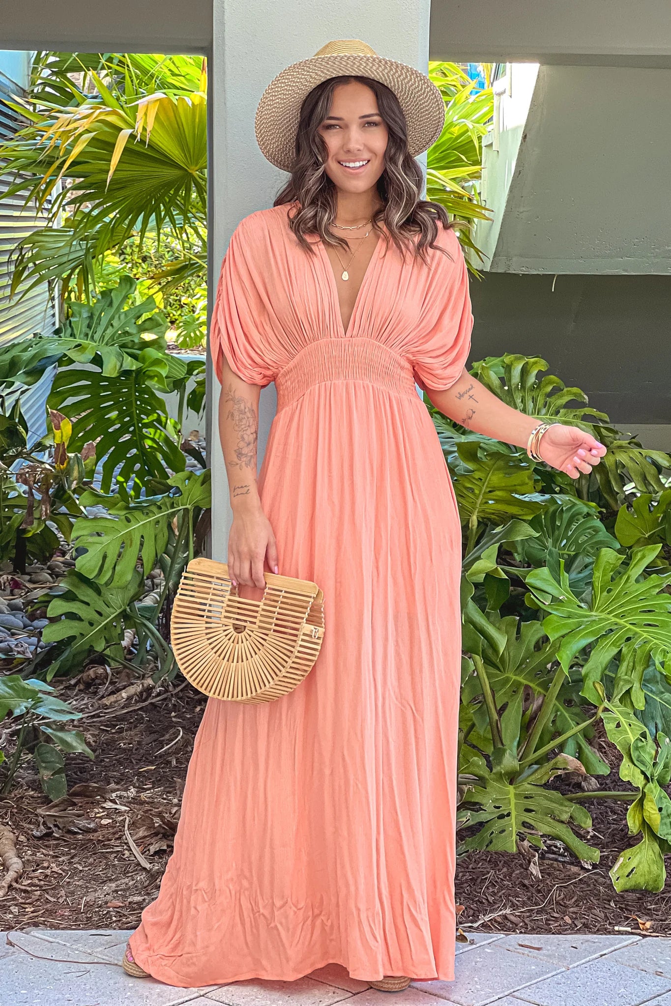 Melon Maxi Dress With Short Sleeves