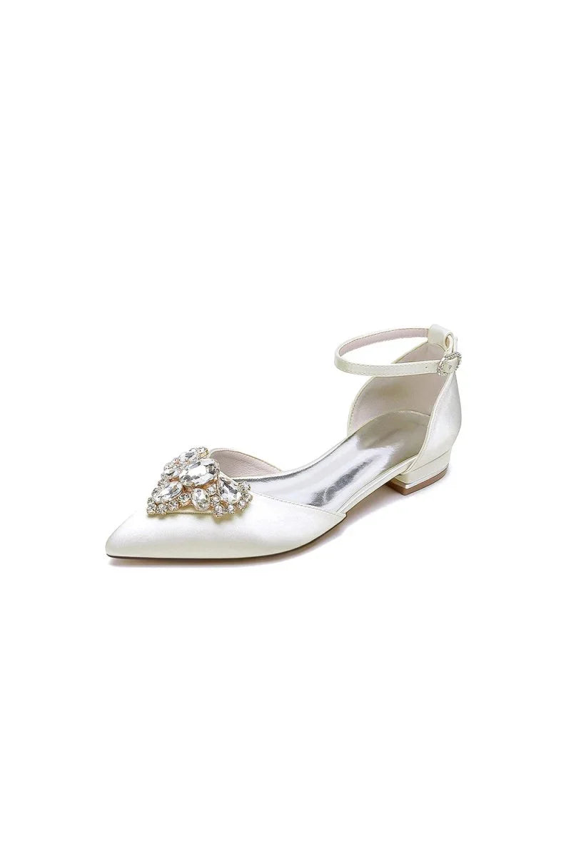 Satin Pointed Toe Ankle Strap Rhinestone Kitten Heels
