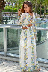 Ivory Floral Maxi Dress with Cut Outs