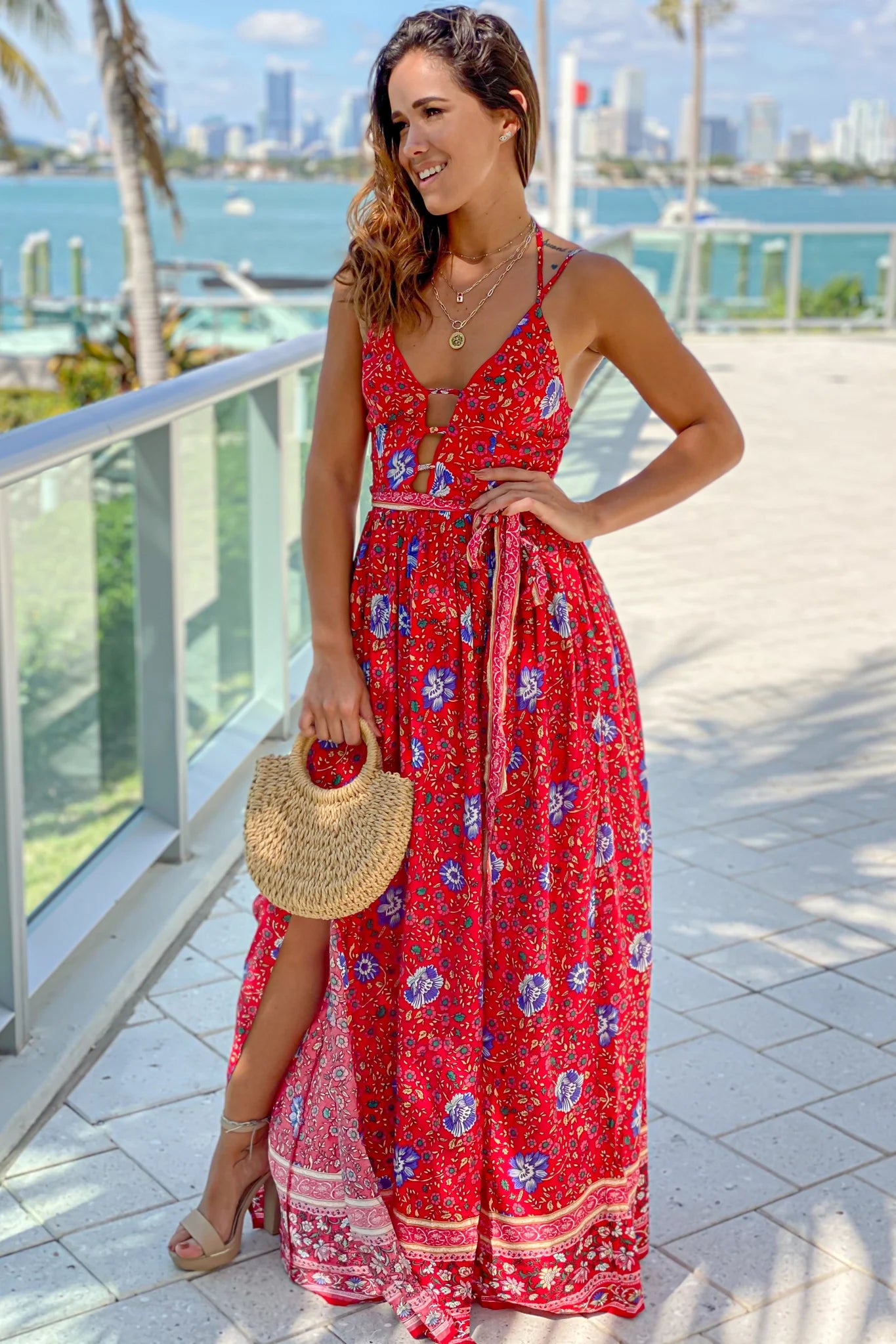 Red Printed Maxi Dress With Slit