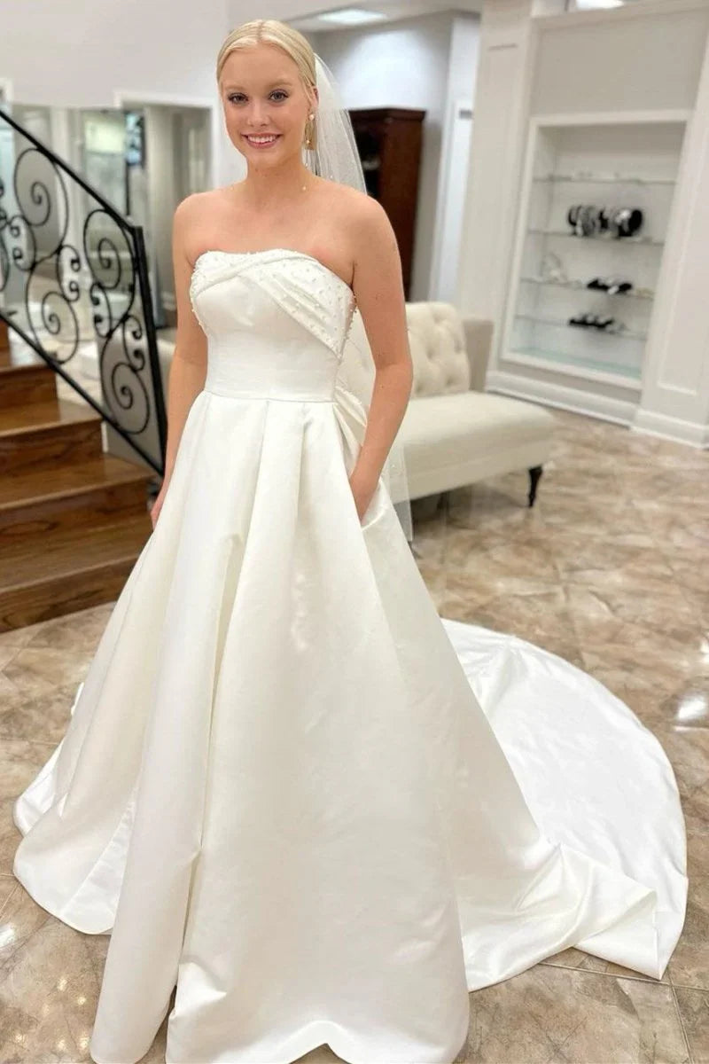 White Strapless Bow Back Pearls A Line Wedding Dress