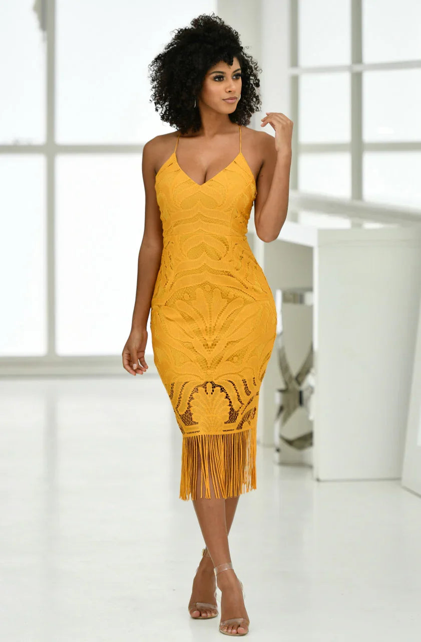 Khaleesi Dress Mustard Lace Dress With Fringe