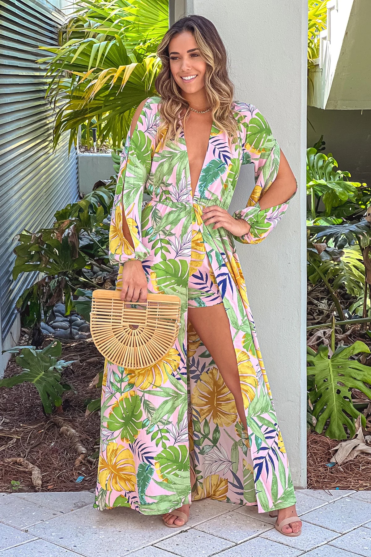 Pink Tropical Print High Low Romper