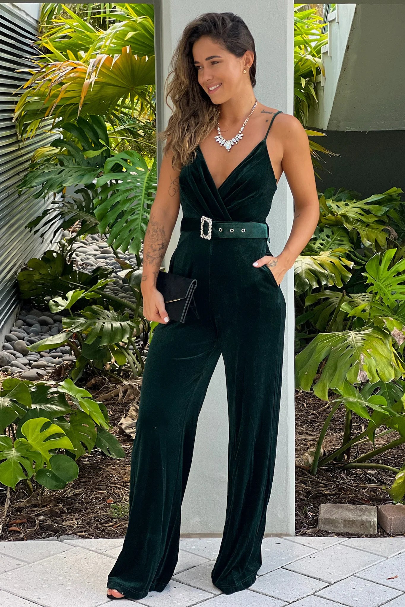 Hunter Green Velvet Jumpsuit With Rhinestone Belt