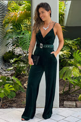 Hunter Green Velvet Jumpsuit With Rhinestone Belt