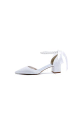 Pointed Toe Satin Pearl Ankle Strap Block Heels With Ribbon Tie