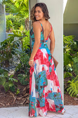 Red And Blue Printed Maxi Dress With Slits