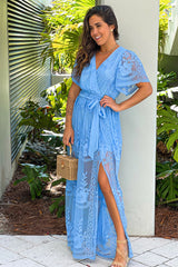 Blue Lace Maxi Dress With Slit And Tie Waist