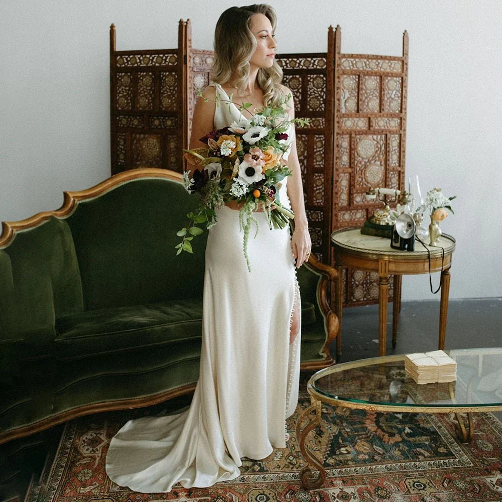 Cowl Neck Ivory Sheath Satin Wedding Dresses with Button Slit