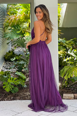 Eggplant V Neck Tulle Maxi Dress with Criss Cross Back