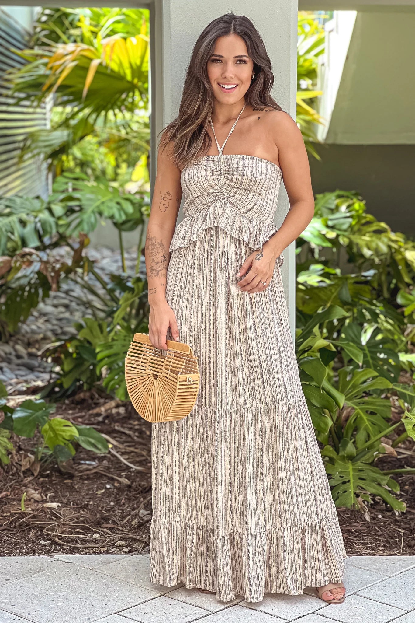 Taupe Printed Ruffled Maxi Dress