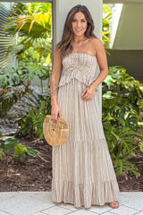 Taupe Printed Ruffled Maxi Dress