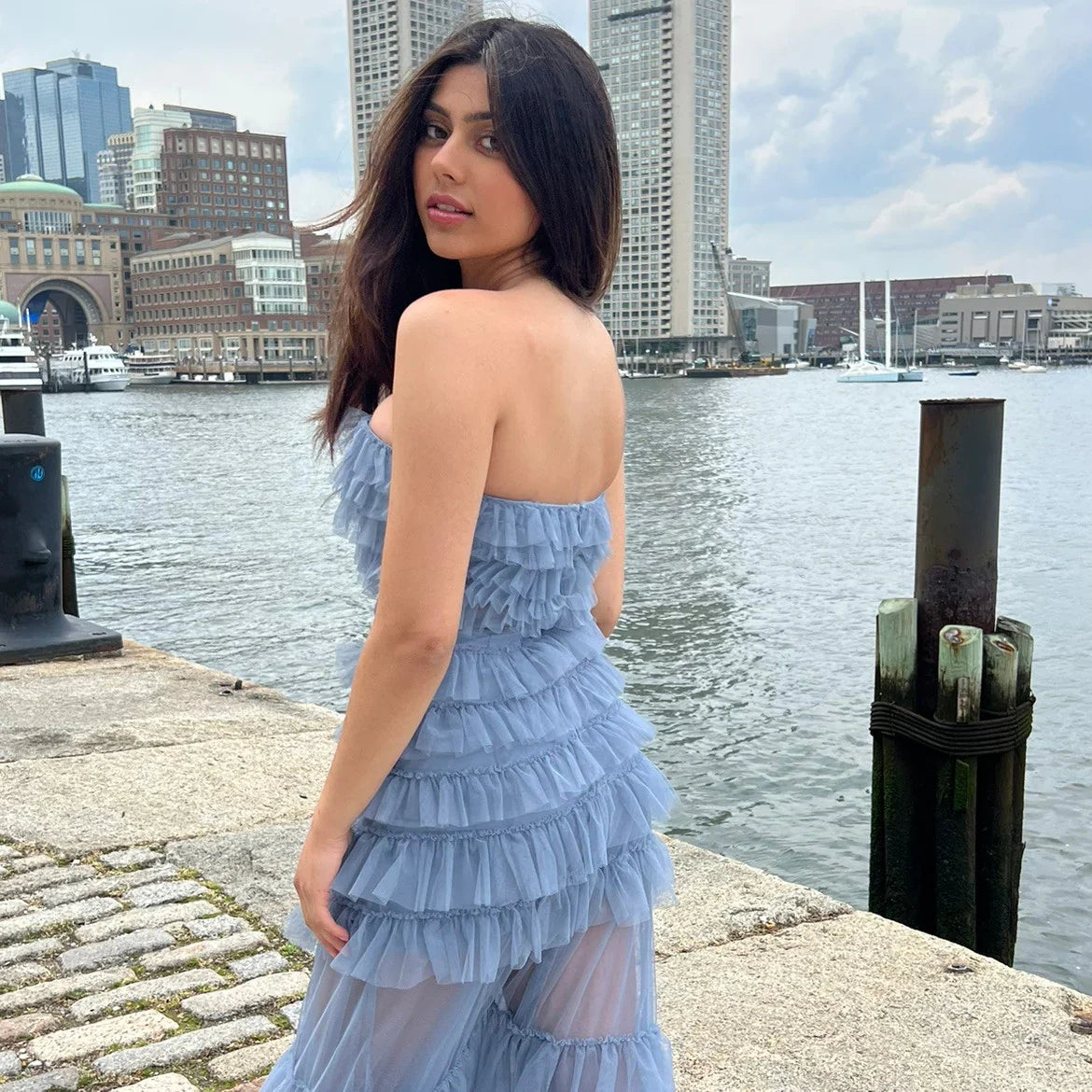 Georgia Maxi Dress Smoky Blue Ruffle Tulle Dress With Sheer Detail
