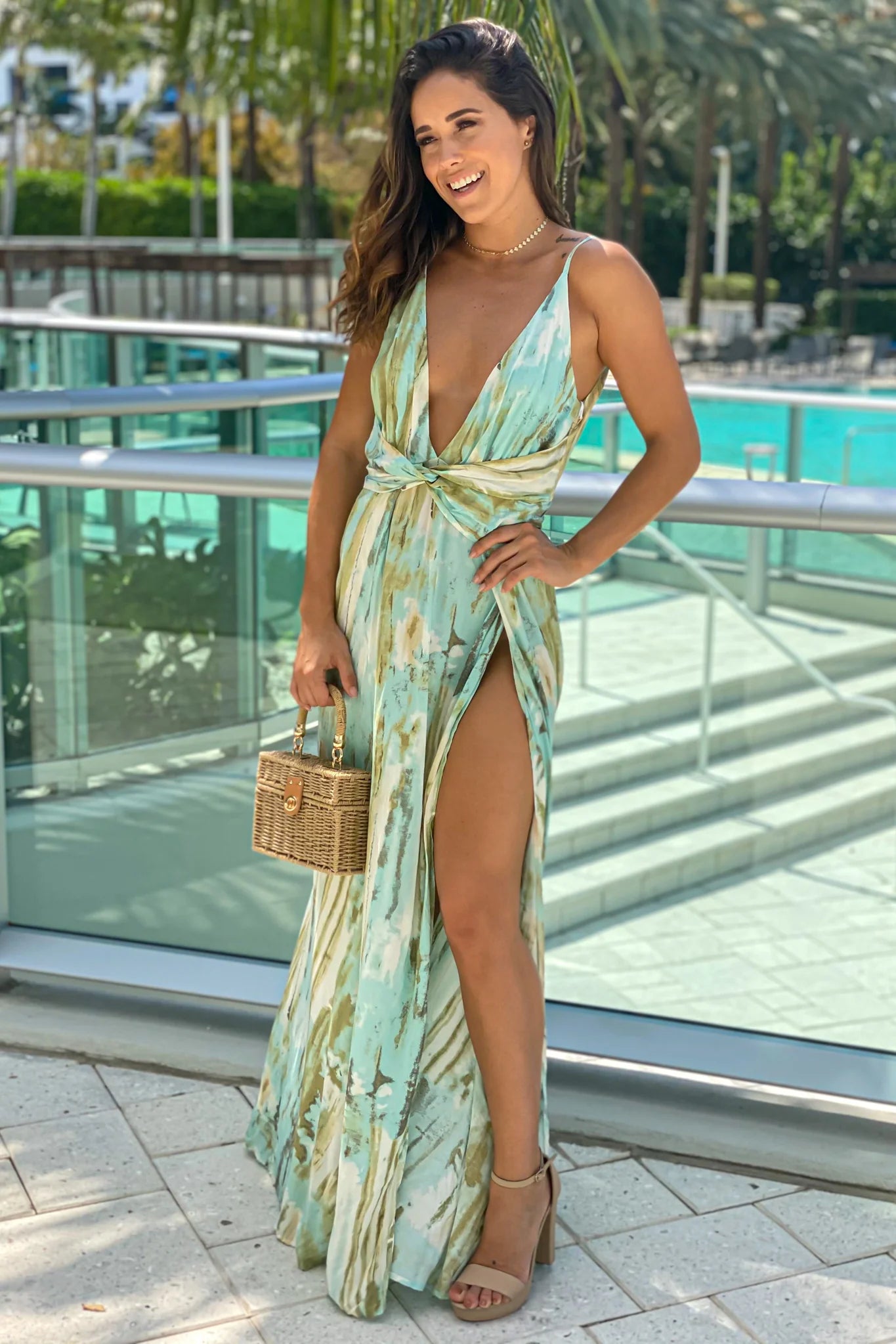 Mint Multi Color V Neck Maxi Dress