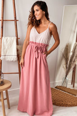 Dusty Pink Striped Maxi Dress with Paper Bag Waistline