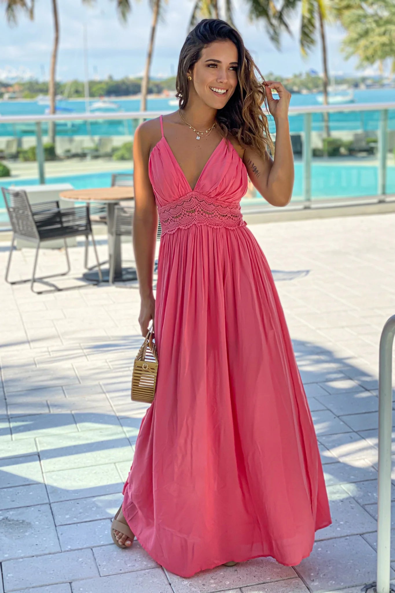 Coral Maxi Dress With Crochet Trim