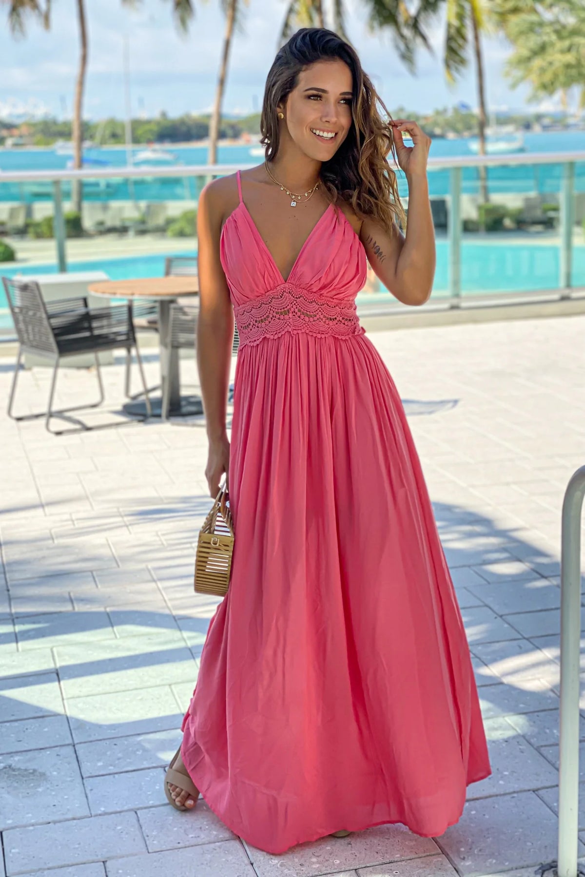 Coral Maxi Dress With Crochet Trim