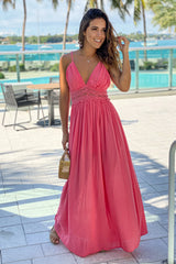 Coral Maxi Dress With Crochet Trim
