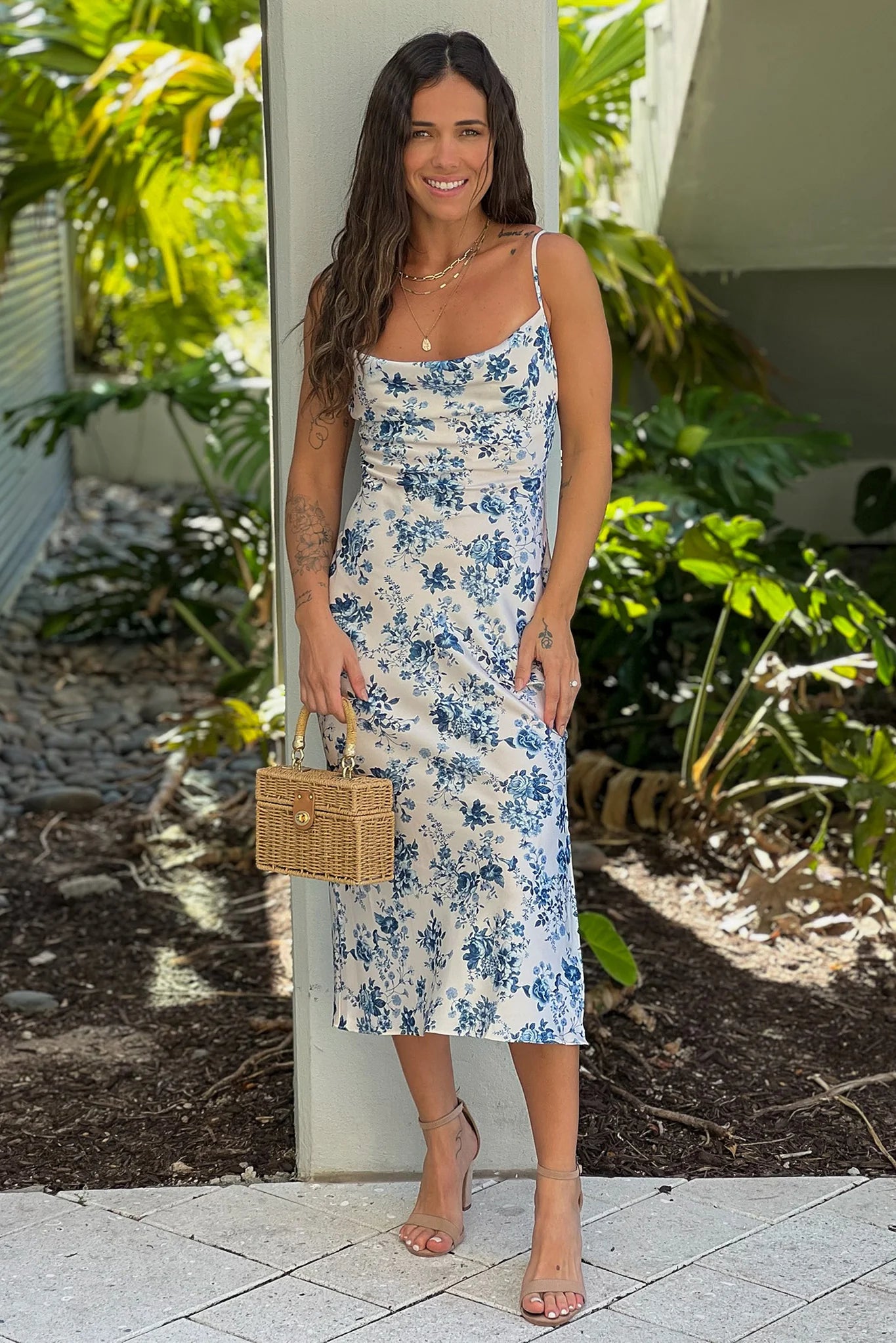 Ivory And Blue Floral Cowl Neck Midi Dress
