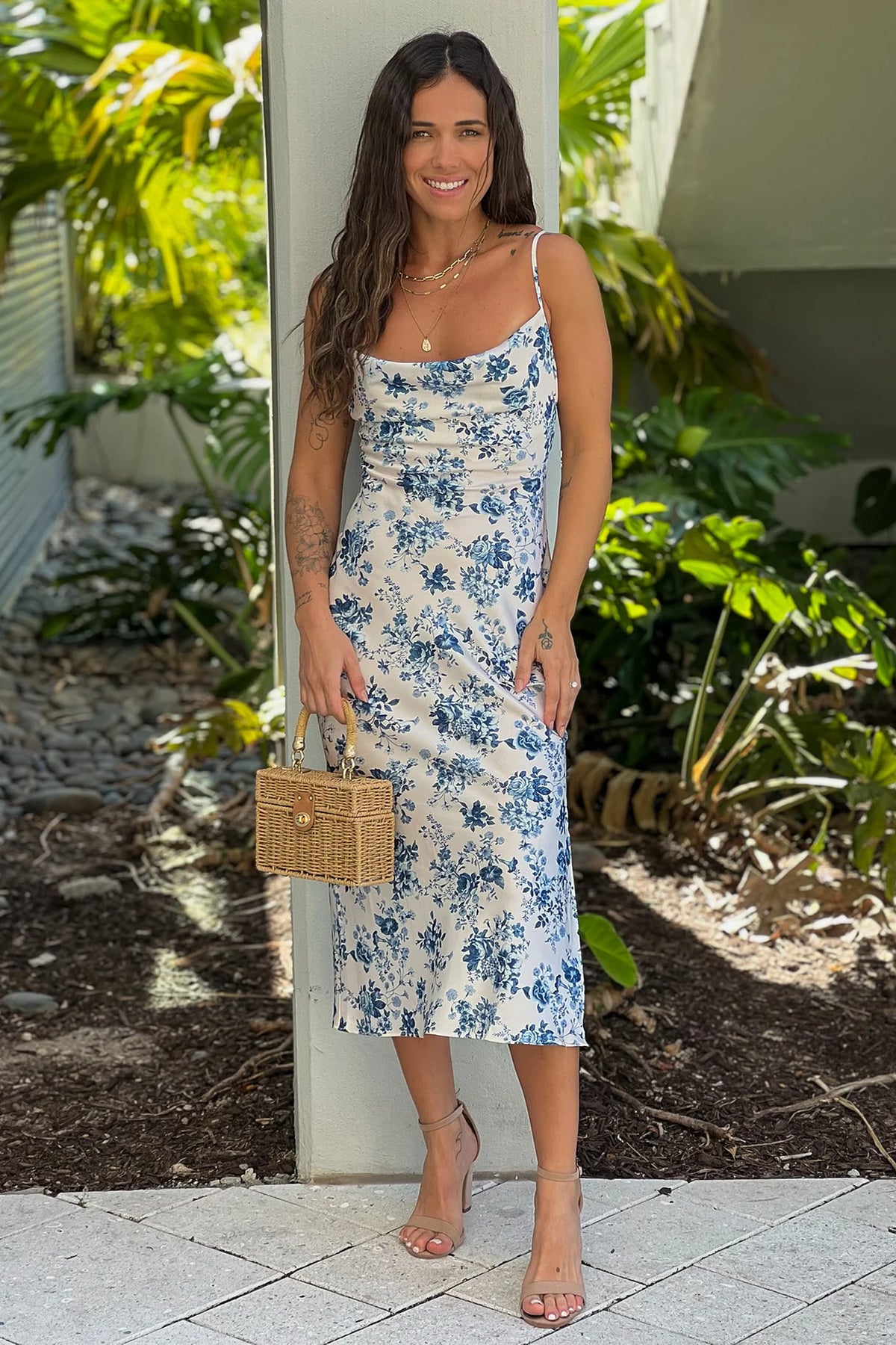Ivory And Blue Floral Cowl Neck Midi Dress